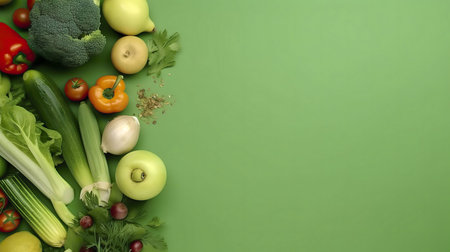 A vibrant collection of fresh vegetables and fruits arranged on a green background. Healthy eating...