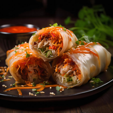 Three savory spring rolls filled with veggies and a flavorful sauceの写真素材