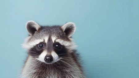 Close-up portrait of a cute raccoon against a light blue background. The raccoon's fur looks soft and fluffy.の写真素材