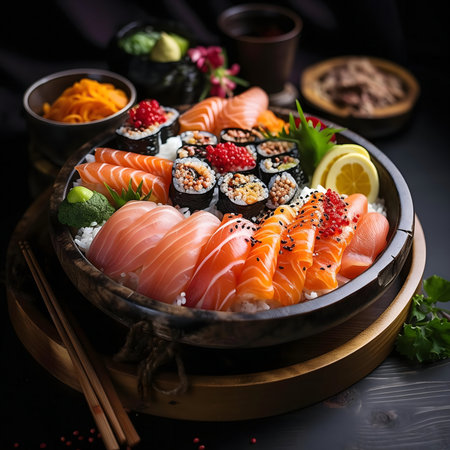 A stunning sushi platter featuring fresh salmon, perfectly rolled maki, and a bed of rice. A culinary masterpiece.の写真素材