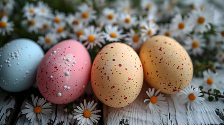 Three pastel Easter eggs decorated with dots rest amongst white daisies. A spring scene filled with...