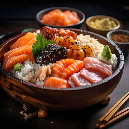 A stunning close-up of a Japanese rice bowl filled with various types of fresh, delicious salmon and tuna sashimi.の写真素材