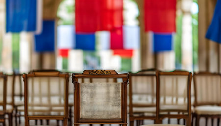 Blurred red, white, and blue flags hang in a hallway with a row of empty wooden chairs.の写真素材