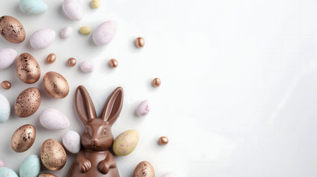 A chocolate Easter bunny surrounded by pastel-colored chocolate eggs on a white background.の写真素材