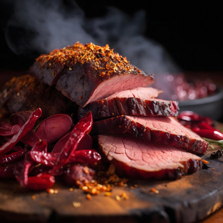 Close-up view of succulent sliced roasted beef, seasoned with spices and served with spicy chili peppers. The image evokes a feeling of warmth and deliciousness.の写真素材