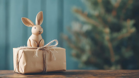 A cute wooden bunny sits on top of a wrapped gift. Rustic, peaceful scene.