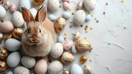 A charming fluffy bunny sits amidst a delightful array of colorful Easter eggs and sweets.の写真素材