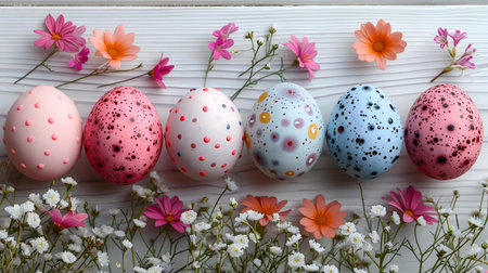 Six beautifully decorated pastel Easter eggs surrounded by delicate spring flowers on a rustic white...