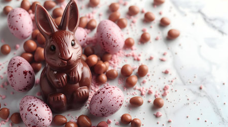 A charming chocolate bunny surrounded by pink speckled eggs and chocolate candies. Perfect Easter...
