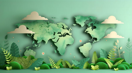 A digital illustration depicting a papercut world map surrounded by lush green foliage. This image...