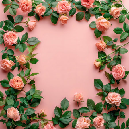A beautiful frame of peach roses on a pink background. Perfect for wedding invitations, cards, or social media.の写真素材