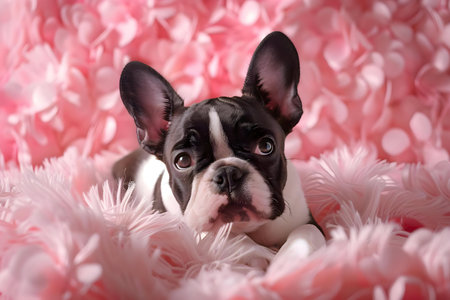 A French Bulldog puppy nestled in a pink fluffy blanket.の写真素材