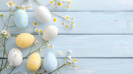 Pastel-colored Easter eggs and delicate daisies arranged on a light blue wooden background. A...