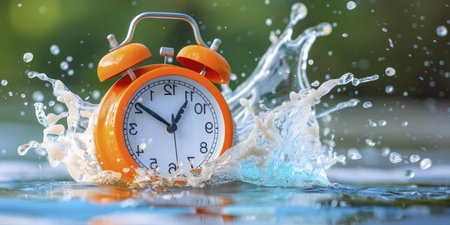 An orange alarm clock falls into the water creating a splash. Time and nature combine.の写真素材
