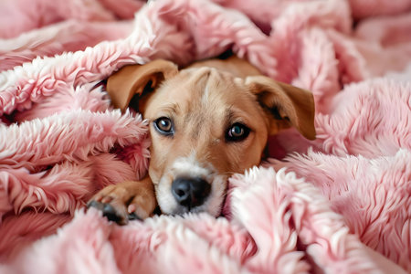 A cute puppy cuddles in a pink fluffy blanket. It looks peaceful and relaxed.の写真素材