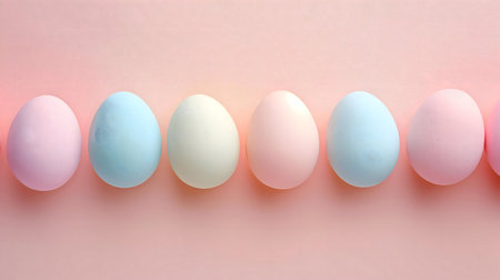 Six pastel-colored Easter eggs arranged in a neat row on a pink background.の写真素材