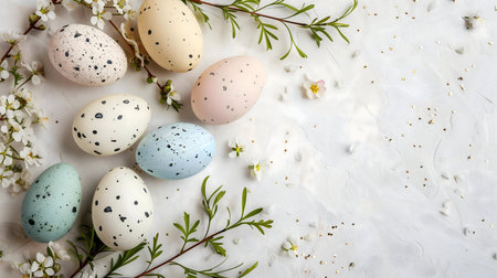 A beautiful arrangement of pastel Easter eggs decorated with delicate spots, surrounded by spring blossoms on a white background.の写真素材