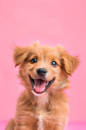 A cheerful puppy smiles at the camera against a solid pink background. Adorable and happy.の写真素材