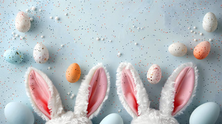 Pastel Easter eggs and a fluffy bunny ears peeking from a sparkly background. Happy Easter!の写真素材