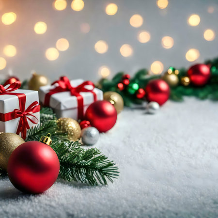 Christmas scene with gifts, ornaments, and snow. Festive and joyful atmosphere.の写真素材