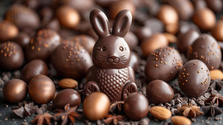 A charming dark chocolate Easter bunny surrounded by assorted chocolate eggs and almonds. A delightful spring treat!の写真素材