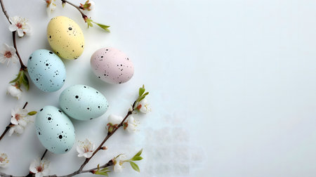 Five pastel-colored Easter eggs decorated with delicate spots and surrounded by beautiful spring...