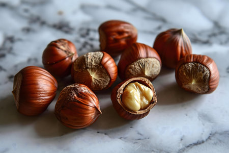 Image of several hazelnuts on a marble surface, one is open, showing the kernel. Close-up photography.の写真素材