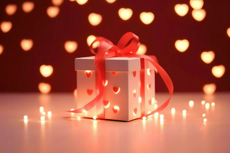 A romantic gift box with heart cutouts, adorned with a red ribbon and surrounded by warm...