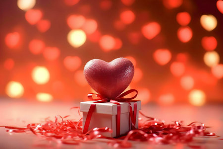 A pink heart atop a white gift box, surrounded by red lights and ribbon. Perfect for Valentine's...