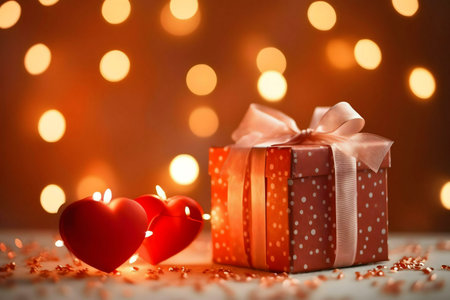 A romantic scene featuring a gift, heart-shaped candles and warm lighting, perfect for Valentine's Day.の写真素材