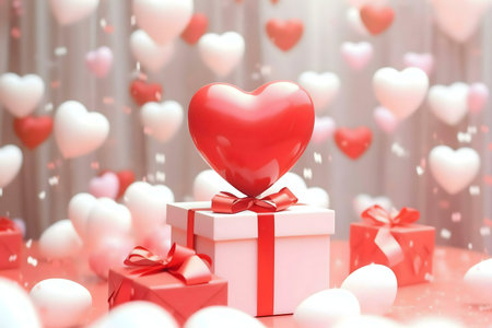 A big red heart balloon sits atop a gift box surrounded by smaller hearts and confetti. A perfect romantic image for Valentine's Day.の写真素材