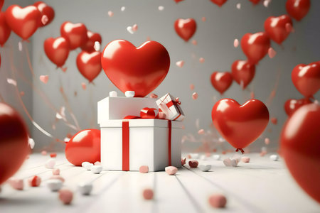 Red heart-shaped balloons and gifts create a romantic Valentine's Day scene.