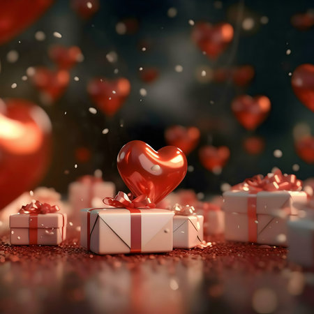 A red heart sits atop a gift, surrounded by other presents and falling hearts. Perfect for Valentine's Day.の写真素材