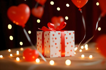A romantic Valentine's Day scene featuring a beautifully wrapped gift surrounded by heart-shaped balloons and twinkling fairy lights.の写真素材