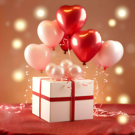 A white gift box adorned with heart-shaped balloons in pink and red, a perfect Valentine's Day surprise.の写真素材