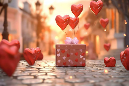 A gift box surrounded by heart-shaped balloons in a romantic cityscape setting.の写真素材