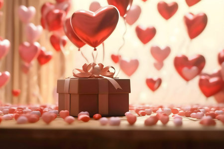 A gift box tied with a ribbon, adorned with heart-shaped balloons. Perfect for Valentine's Day!の写真素材