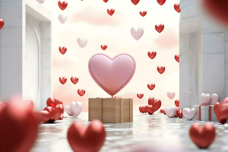 A 3D render of a romantic Valentine's Day scene with floating hearts, gifts, and a large pink heart on a wooden box.の写真素材
