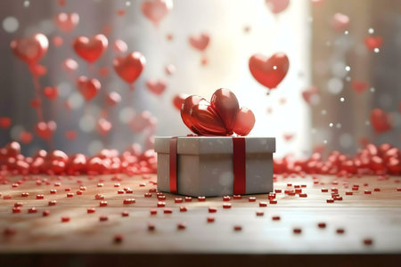 A white gift box adorned with red heart-shaped balloons, perfect for Valentine's Day.