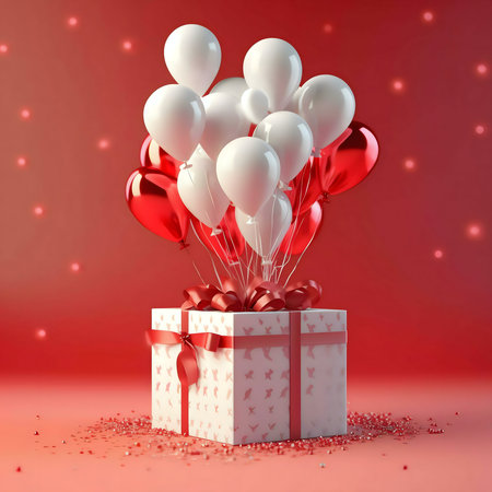 A white gift box with a red ribbon, adorned with red and white balloons. A perfect image for Valentine's Day, birthdays or romantic occasions.の写真素材