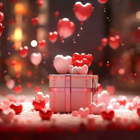 A gift box adorned with hearts, surrounded by floating hearts, symbolizing Valentine's Day.の写真素材