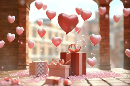 Pink heart-shaped balloons float above gifts. Valentine's Day.の写真素材