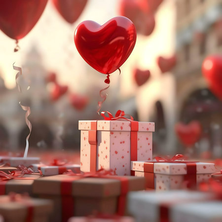 A red heart-shaped balloon floats above a pile of gifts, creating a romantic and festive Valentine's Day scene.の写真素材