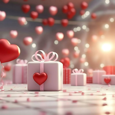 A delightful Valentine's Day scene with a gift, hearts, and a romantic atmosphere.の写真素材