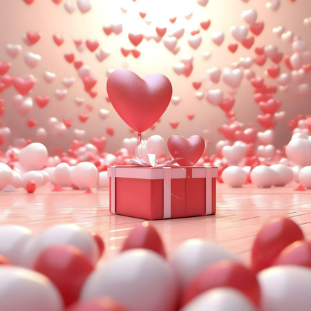 A pink gift box sits amongst heart-shaped balloons, a perfect Valentine's Day image.