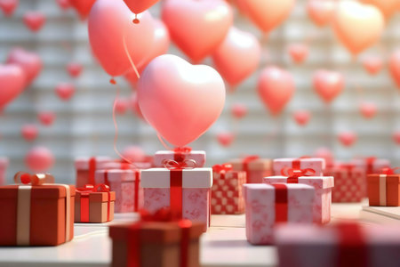 Heart-shaped balloons and red presents. A perfect romantic Valentine's Day gift.の写真素材