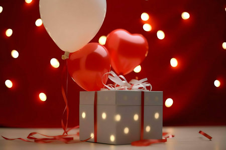 A romantic Valentine's Day scene featuring a gift box, heart-shaped balloons, and warm lighting.の写真素材