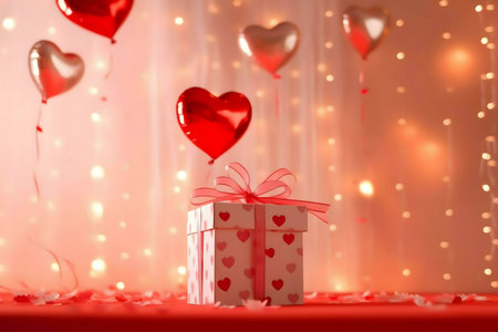 A romantic Valentine's Day scene featuring a gift box surrounded by heart-shaped balloons and warm lights.の写真素材