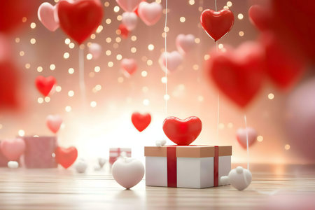 A gift box with a red heart balloon on top, surrounded by many more heart balloons. A romantic...