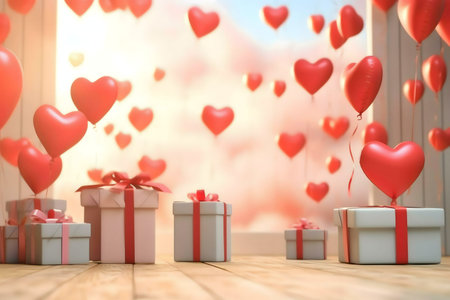 A romantic Valentine's Day scene with floating heart-shaped balloons and gifts.の写真素材